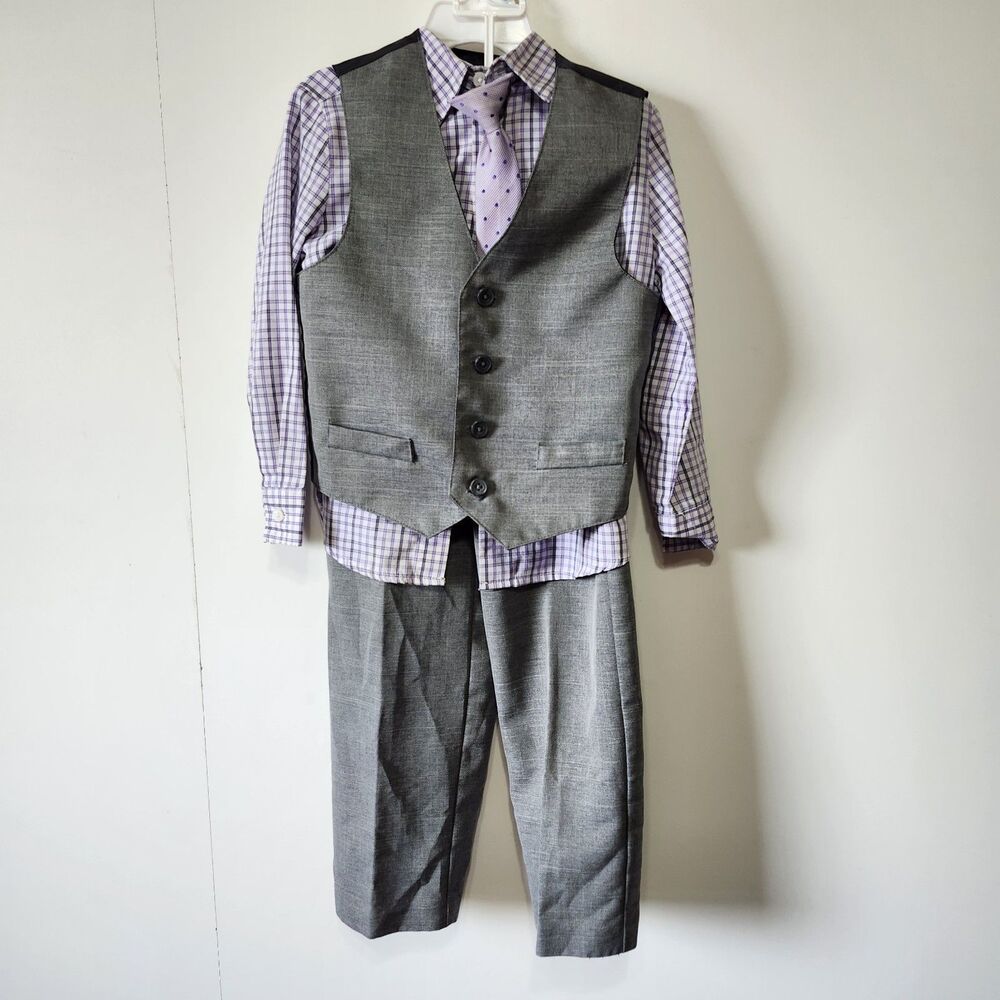 Van Heusen Boys 4-Piece Vest Suit Set Size 5T Grey Purple Plaid Checked Wedding